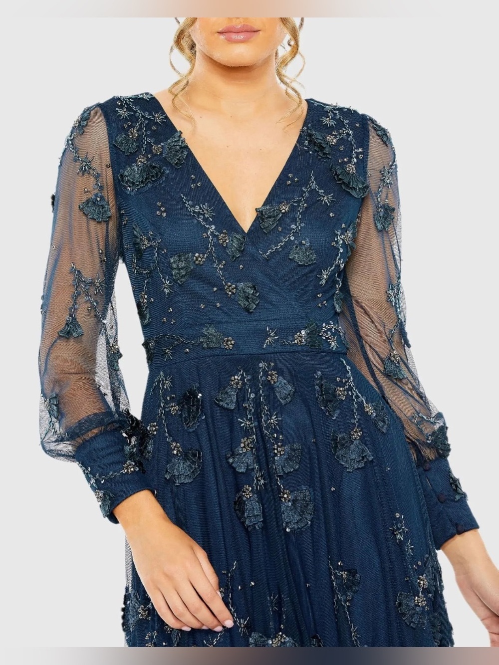 NWOT MAC DUGGAL Navy Mesh Long Sleeve V-Neck Tiered A Line Gown Sz: 8 #9256 - Picture 11 of 11